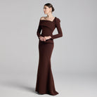 Brown Crepe Off Shoulder Draped Maxi Dress - shopaleena