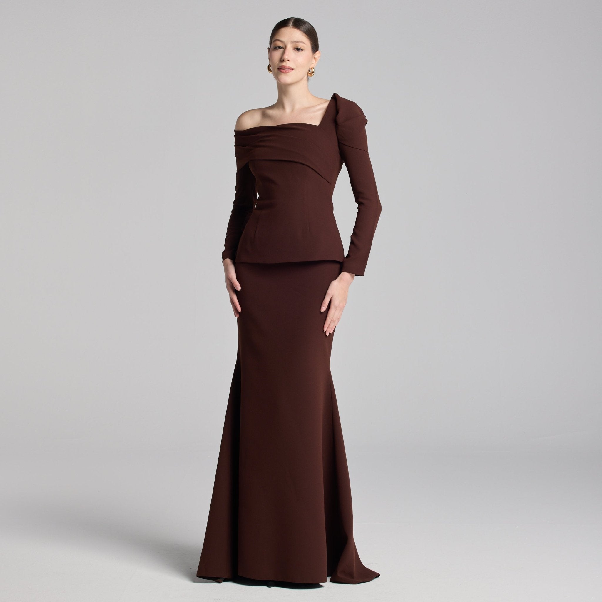 Brown Crepe Off Shoulder Draped Maxi Dress - shopaleena