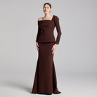 Brown Crepe Off Shoulder Draped Maxi Dress - shopaleena