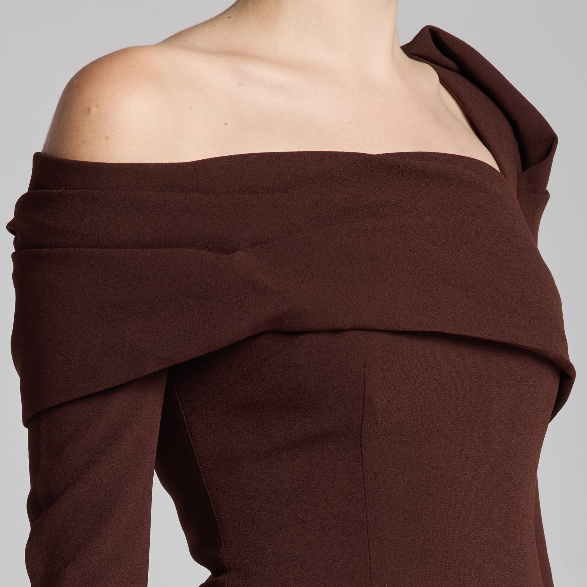 Brown Crepe Off Shoulder Draped Maxi Dress - shopaleena