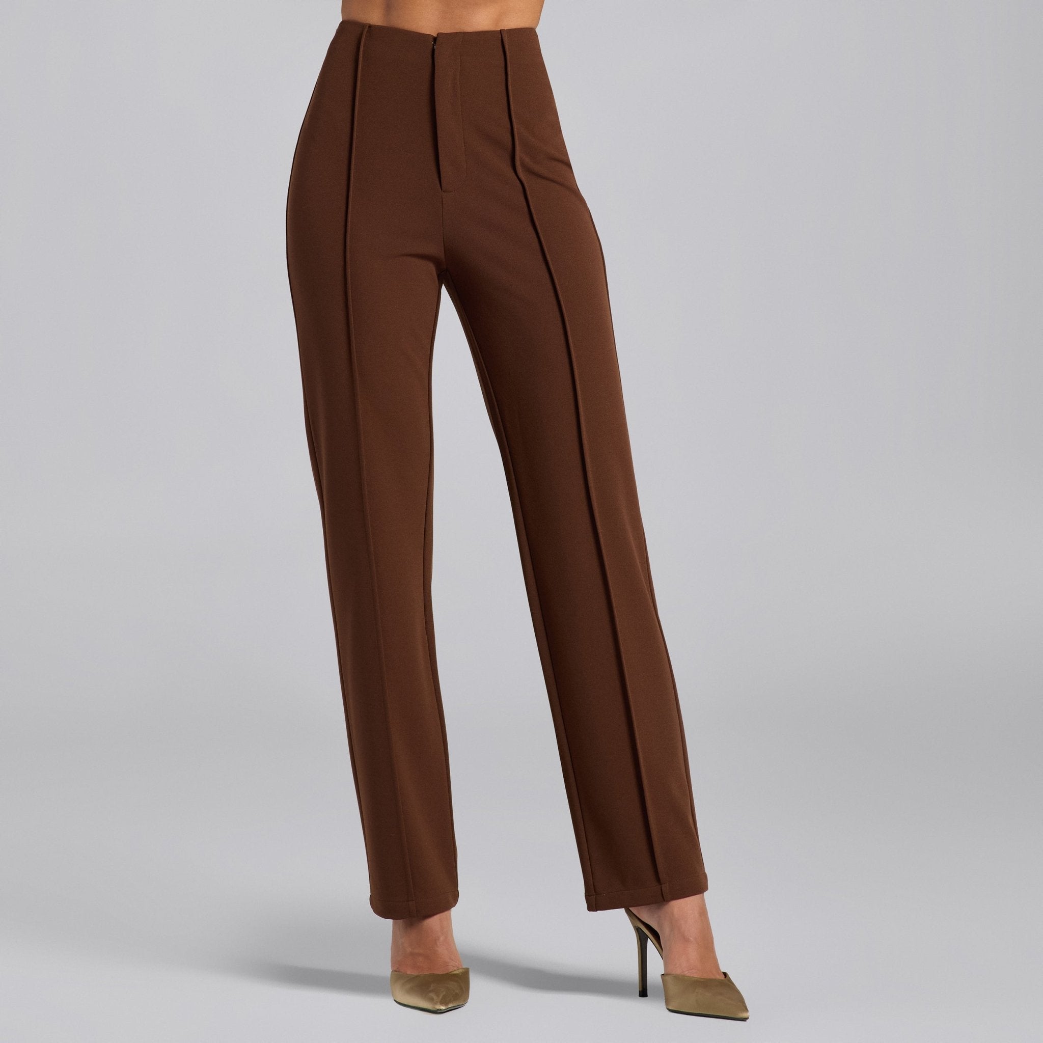 Brown Crepe V - Neck Blazer and High Waist Pants Set - shopaleena