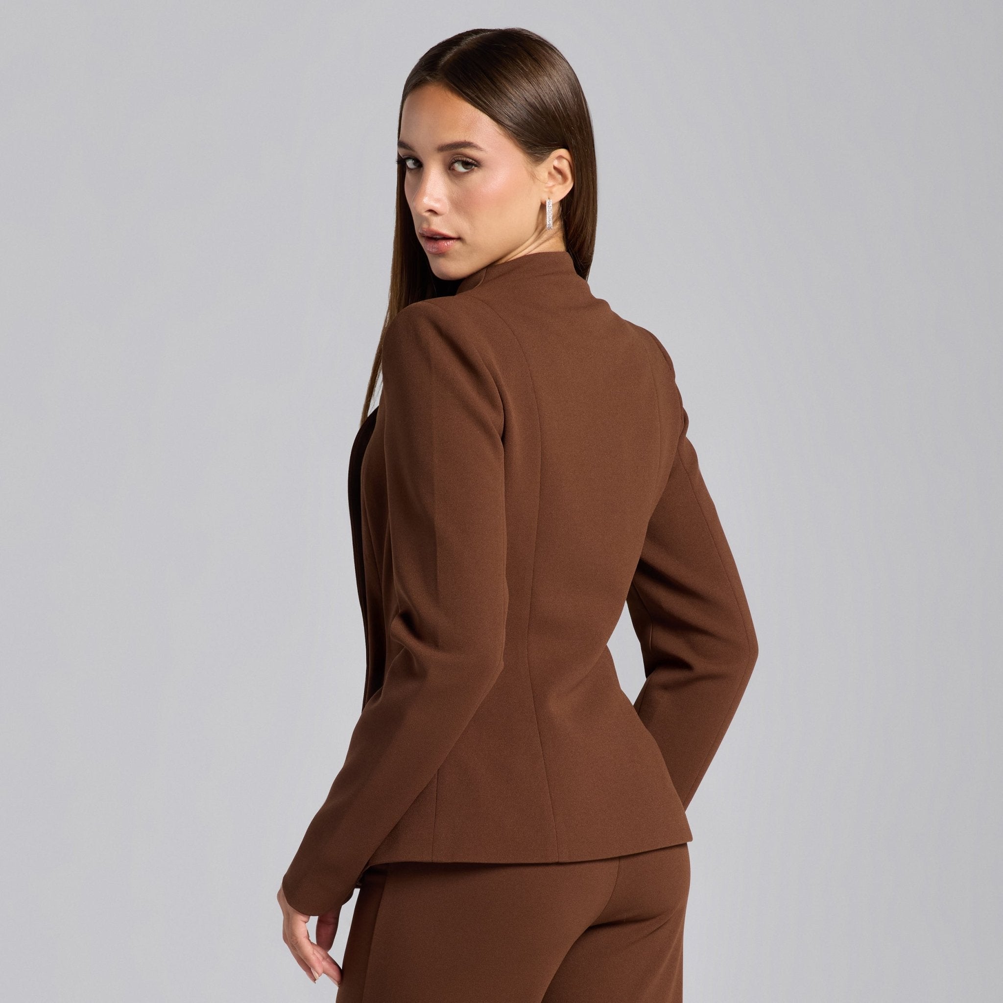 Brown Crepe V - Neck Blazer and High Waist Pants Set - shopaleena