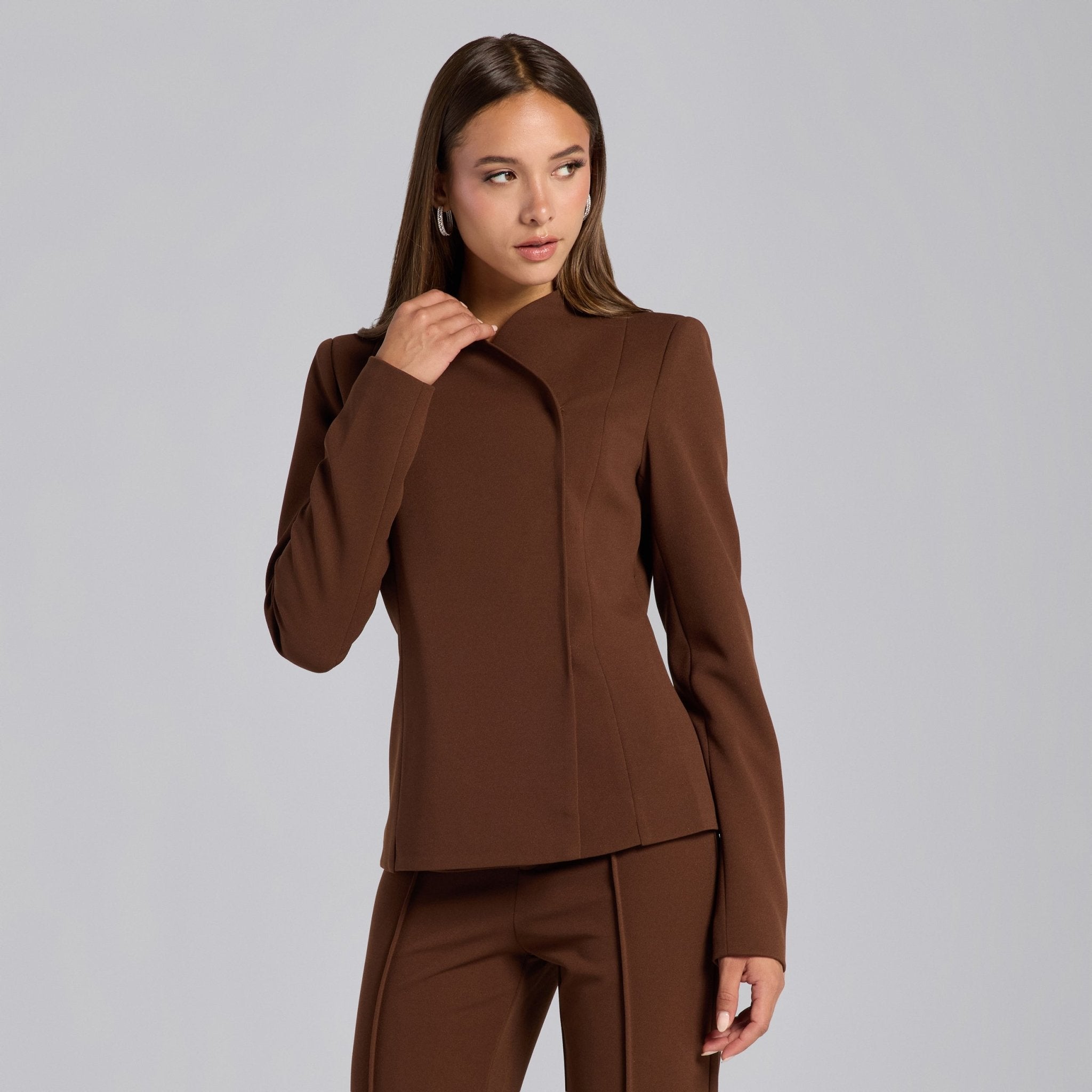 Brown Crepe V - Neck Blazer and High Waist Pants Set - shopaleena