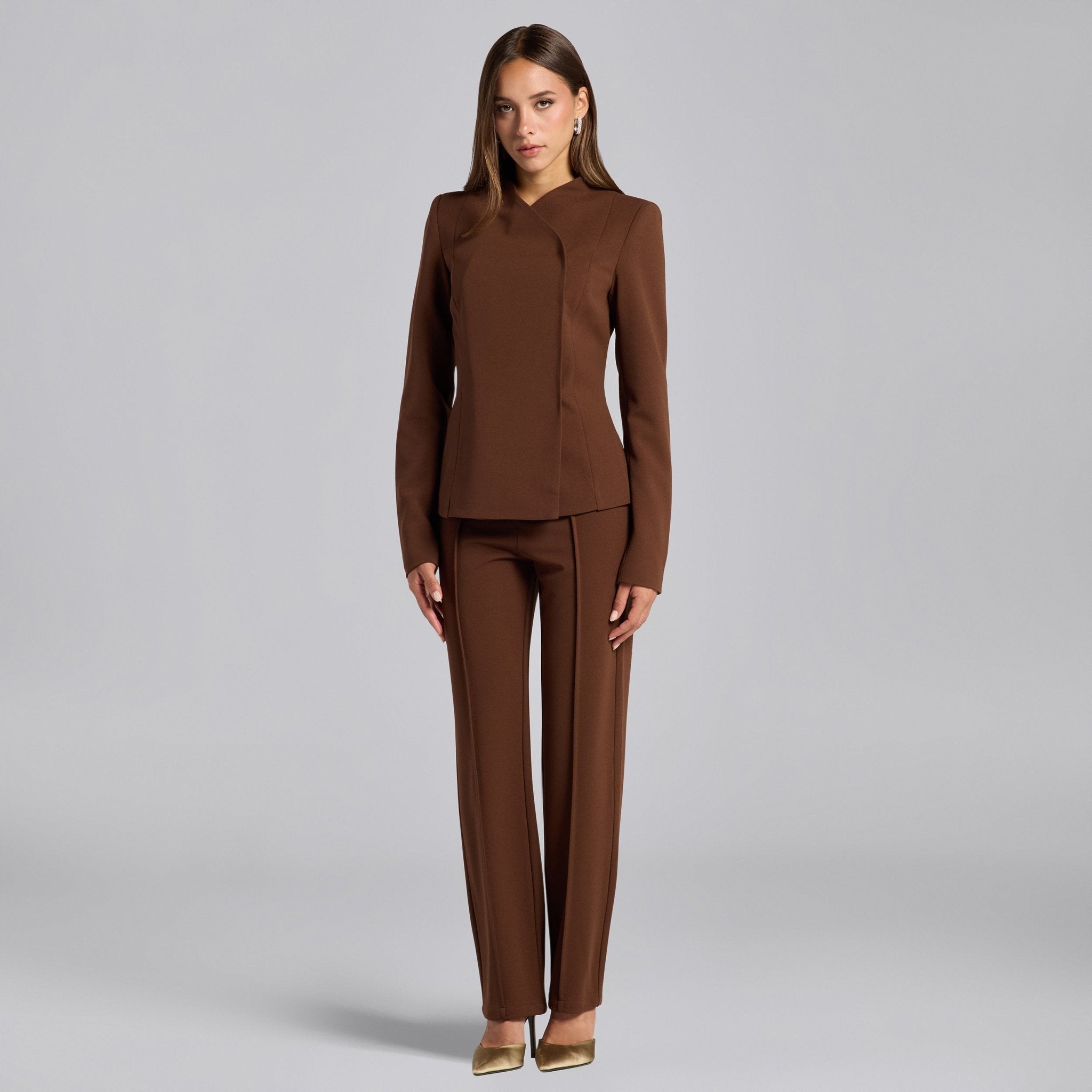 Brown Crepe V - Neck Blazer and High Waist Pants Set - shopaleena