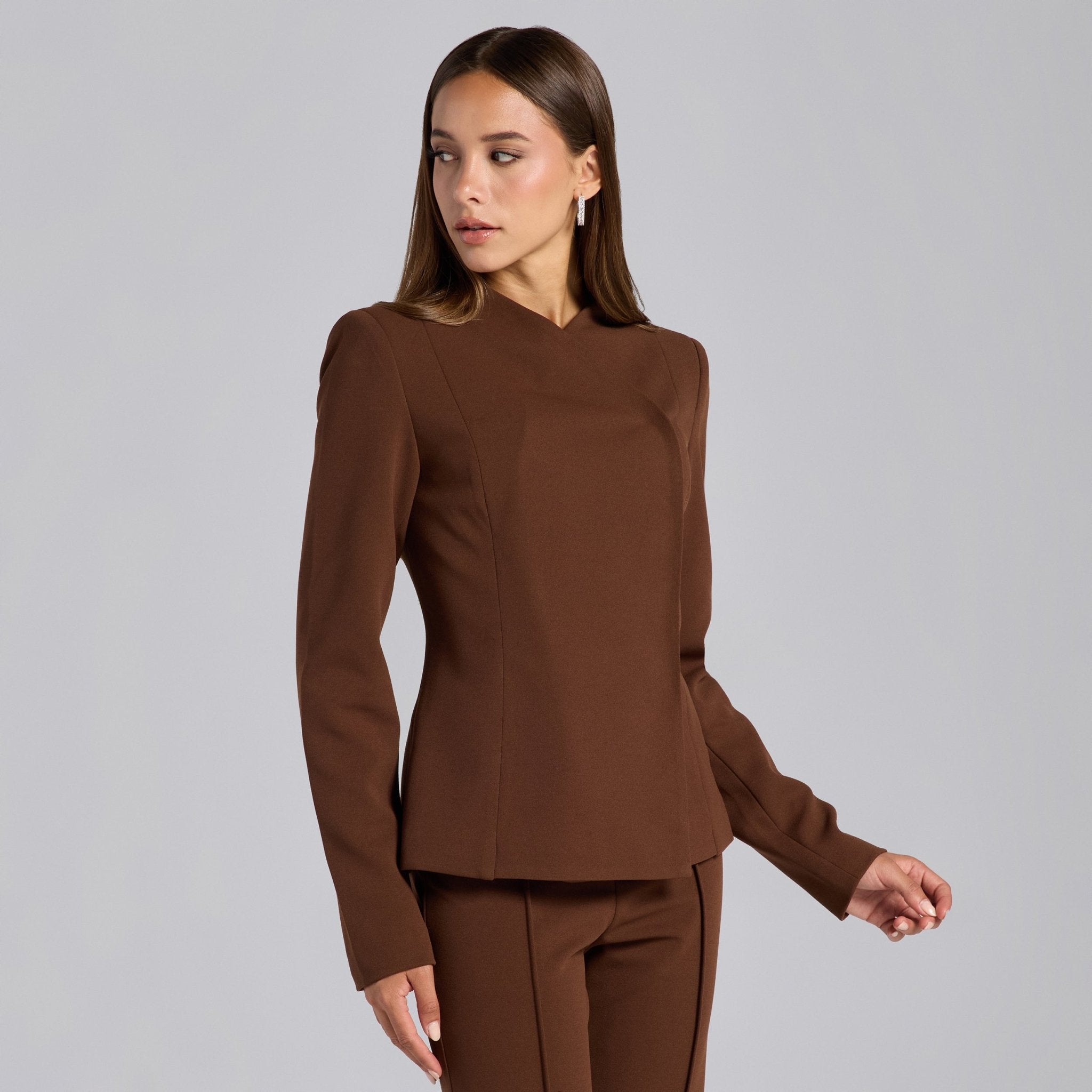 Brown Crepe V - Neck Blazer and High Waist Pants Set - shopaleena