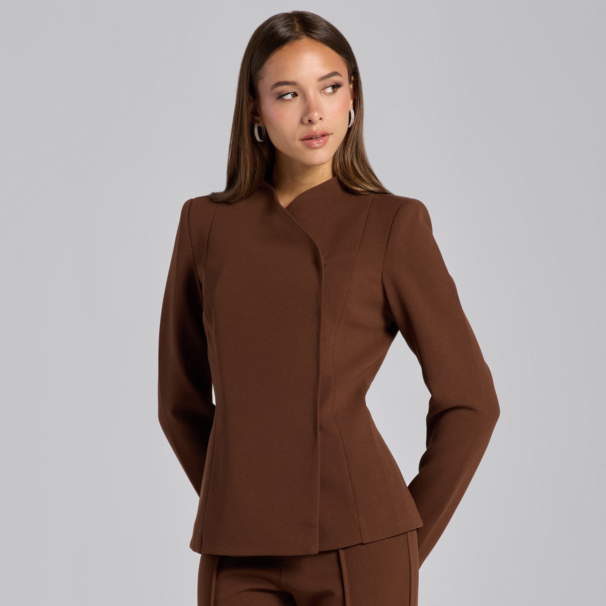 Brown Crepe V - Neck Blazer and High Waist Pants Set - shopaleena