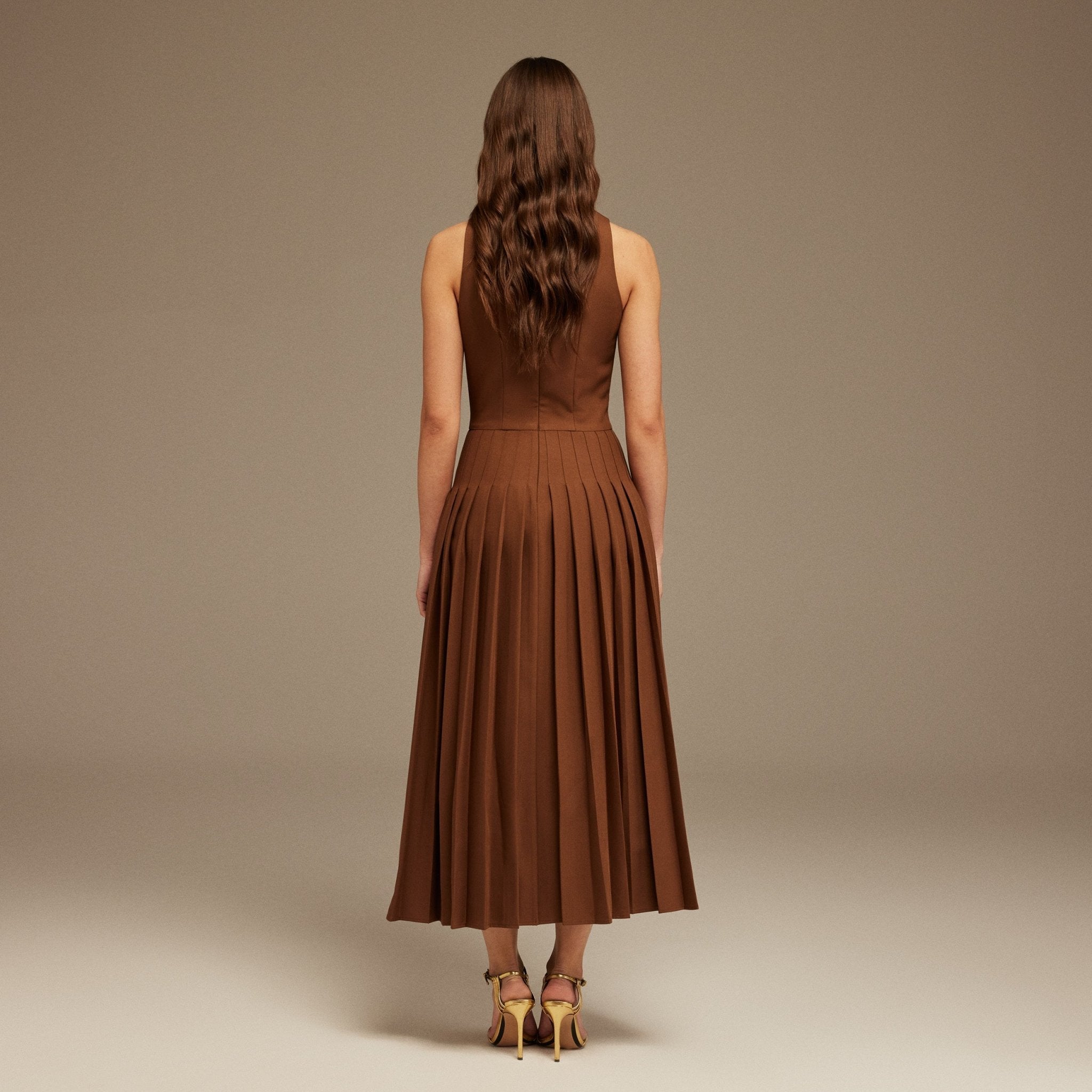 Brown Drape Halter Neck Maxi Dress - shopaleena