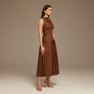 Brown Drape Halter Neck Maxi Dress - shopaleena