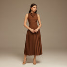 Brown Drape Halter Neck Maxi Dress - shopaleena