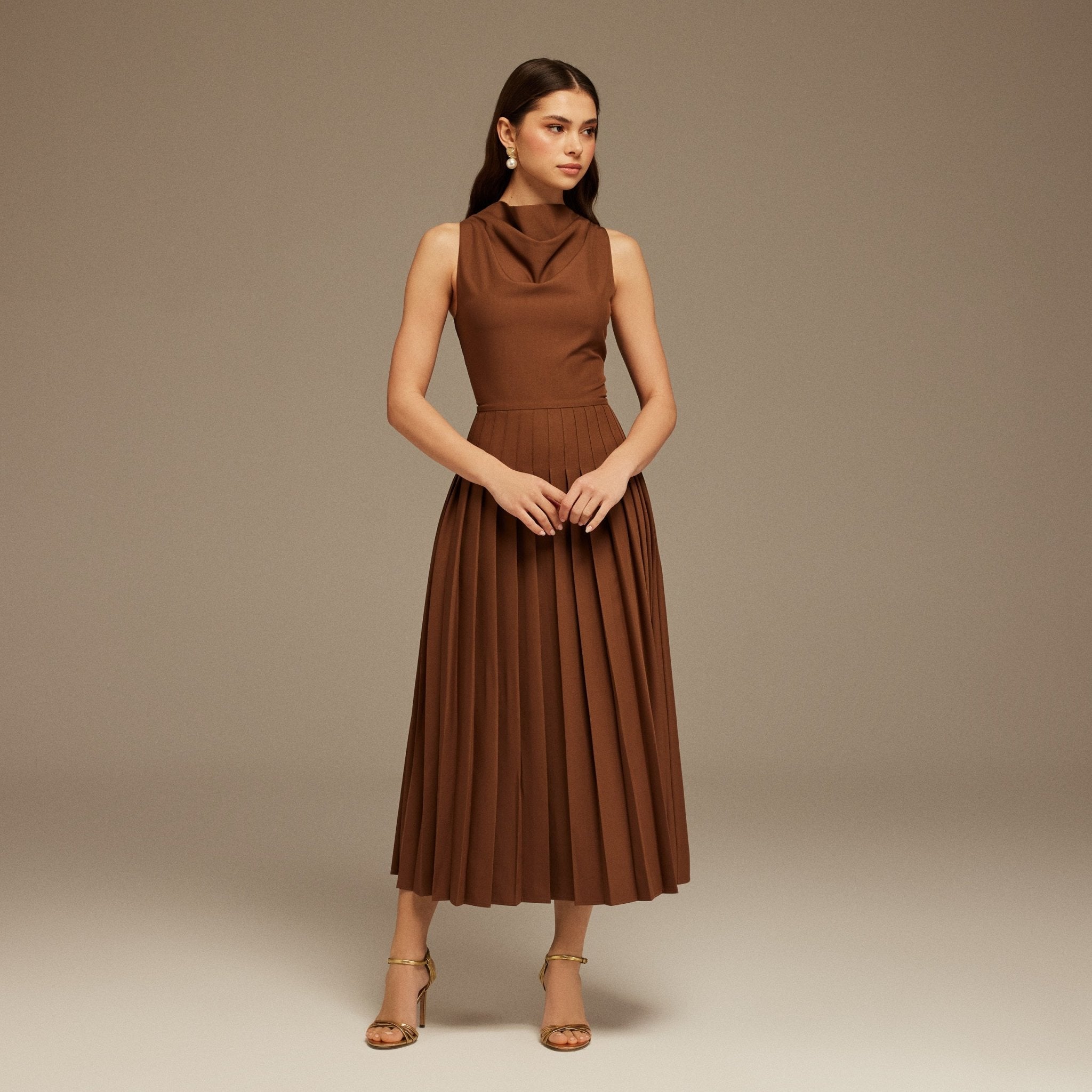 Brown Drape Halter Neck Maxi Dress - shopaleena