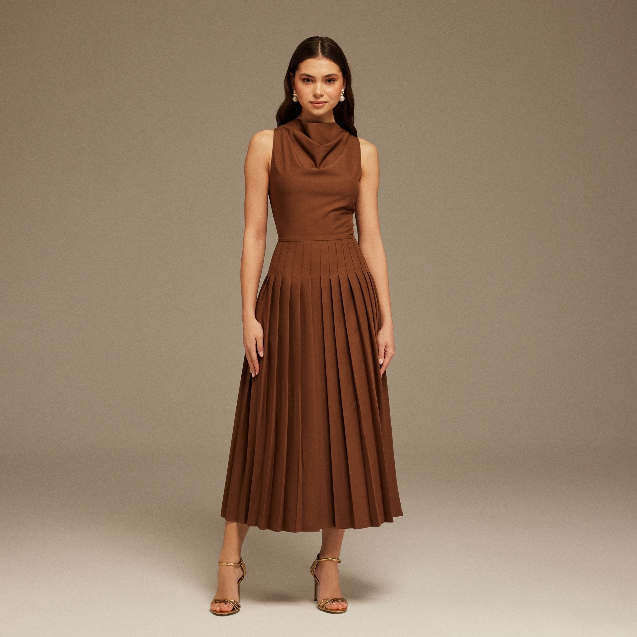 Brown Drape Halter Neck Maxi Dress - shopaleena