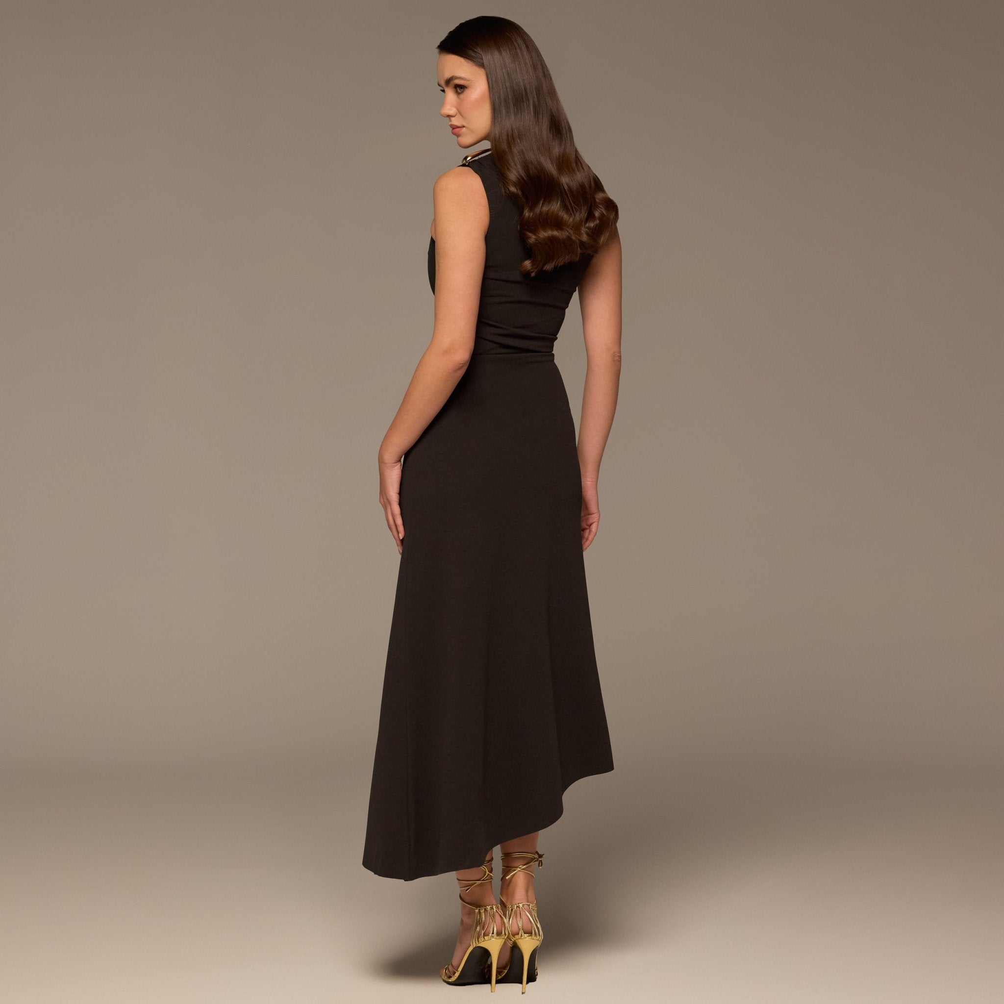 Brown Draped Asymmetric Crepe Dress - shopaleena