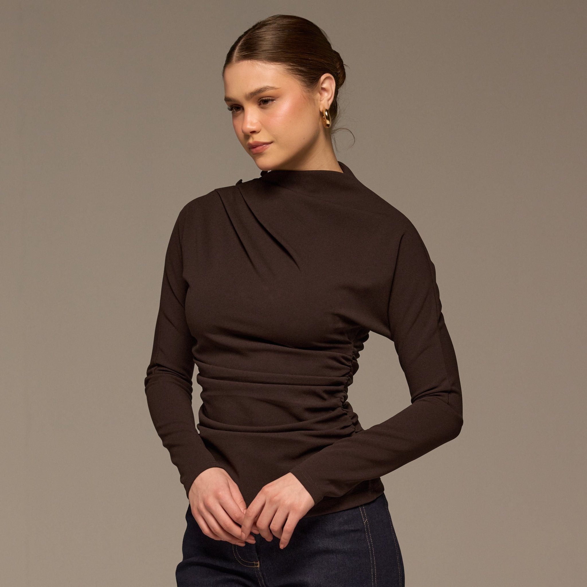 Brown Draped Crepe Blouse - shopaleena