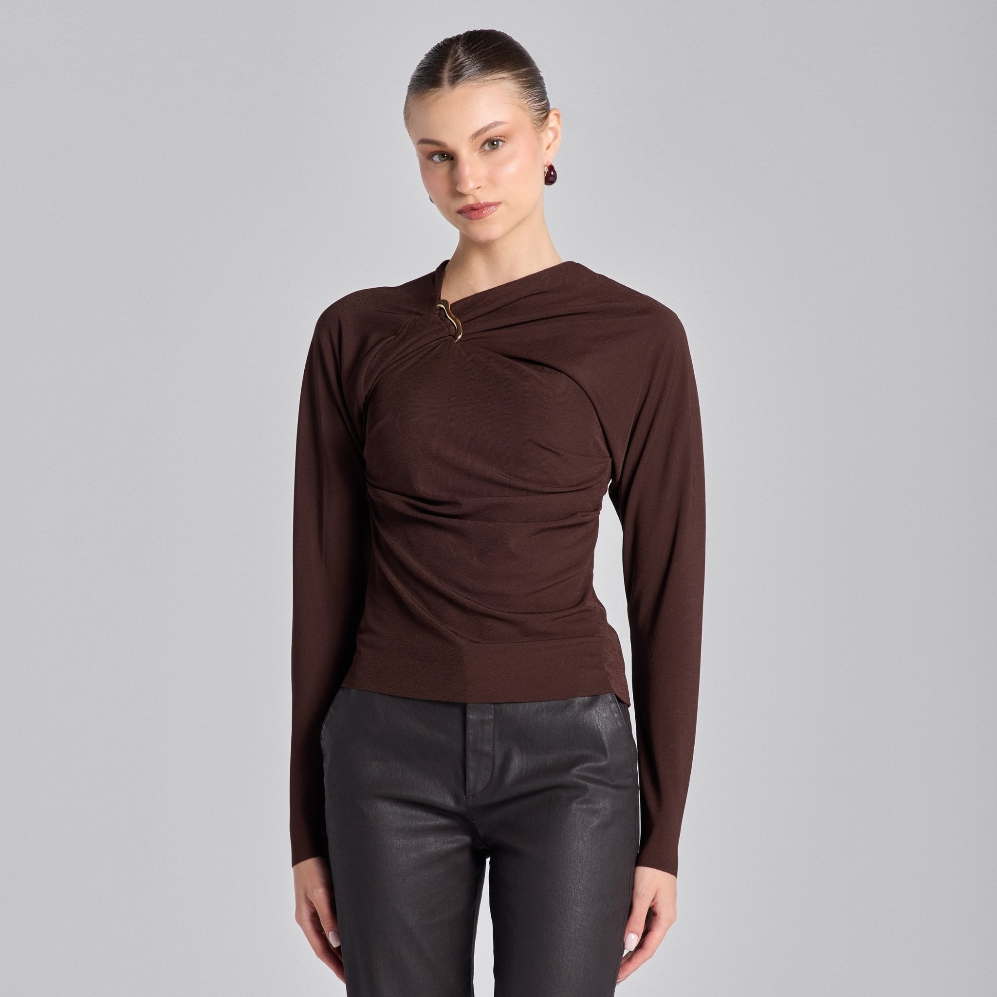 Brown Draped Jersey Blouse - shopaleena
