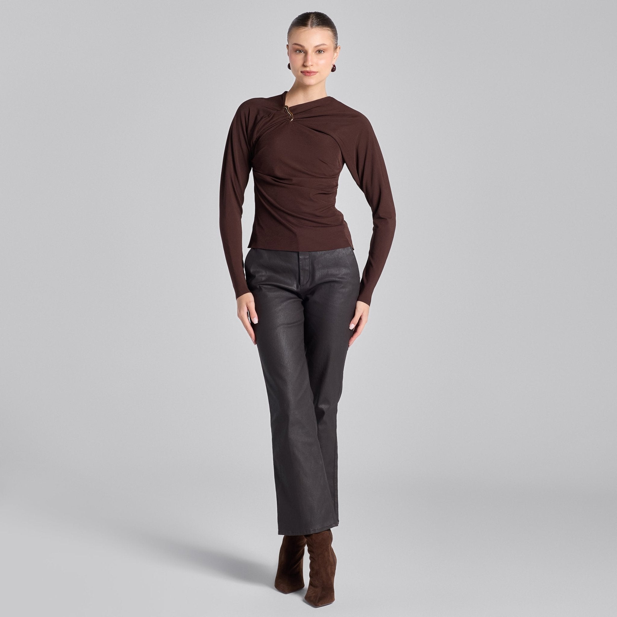 Brown Draped Jersey Blouse - shopaleena