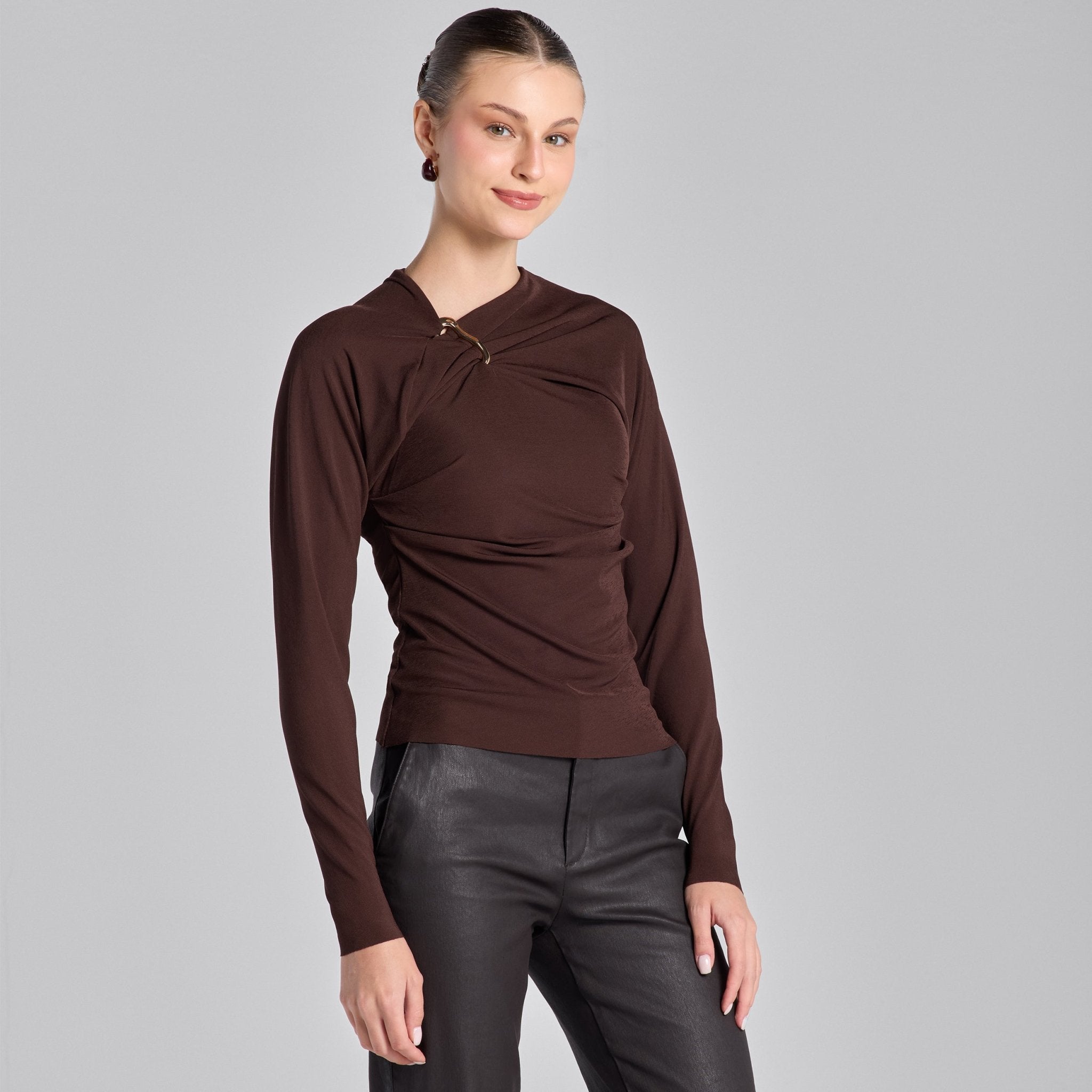 Brown Draped Jersey Blouse - shopaleena