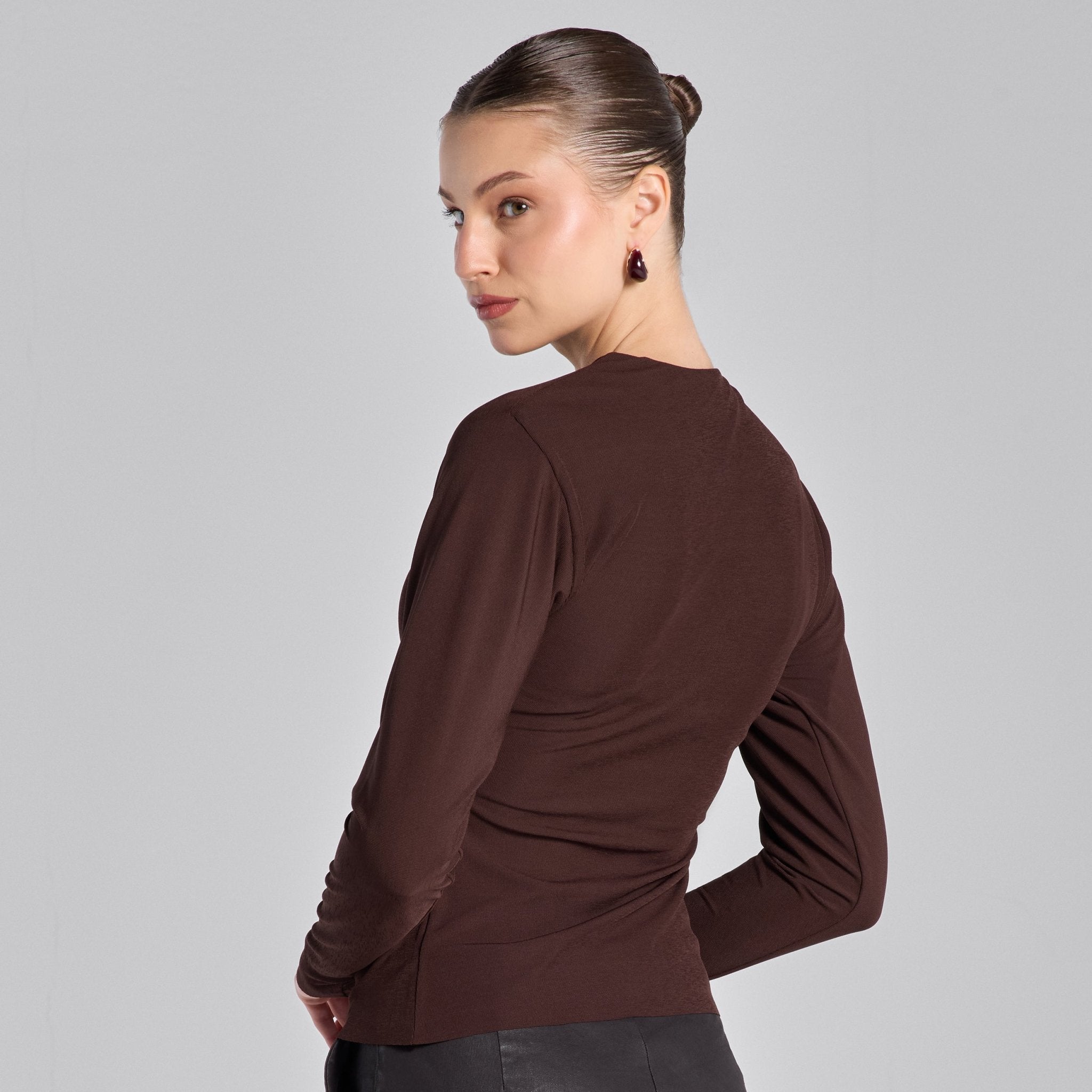 Brown Draped Jersey Blouse - shopaleena