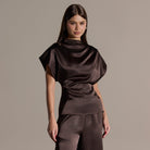 Brown Draped Satin Blouse & Wide Leg Pants Set - shopaleena