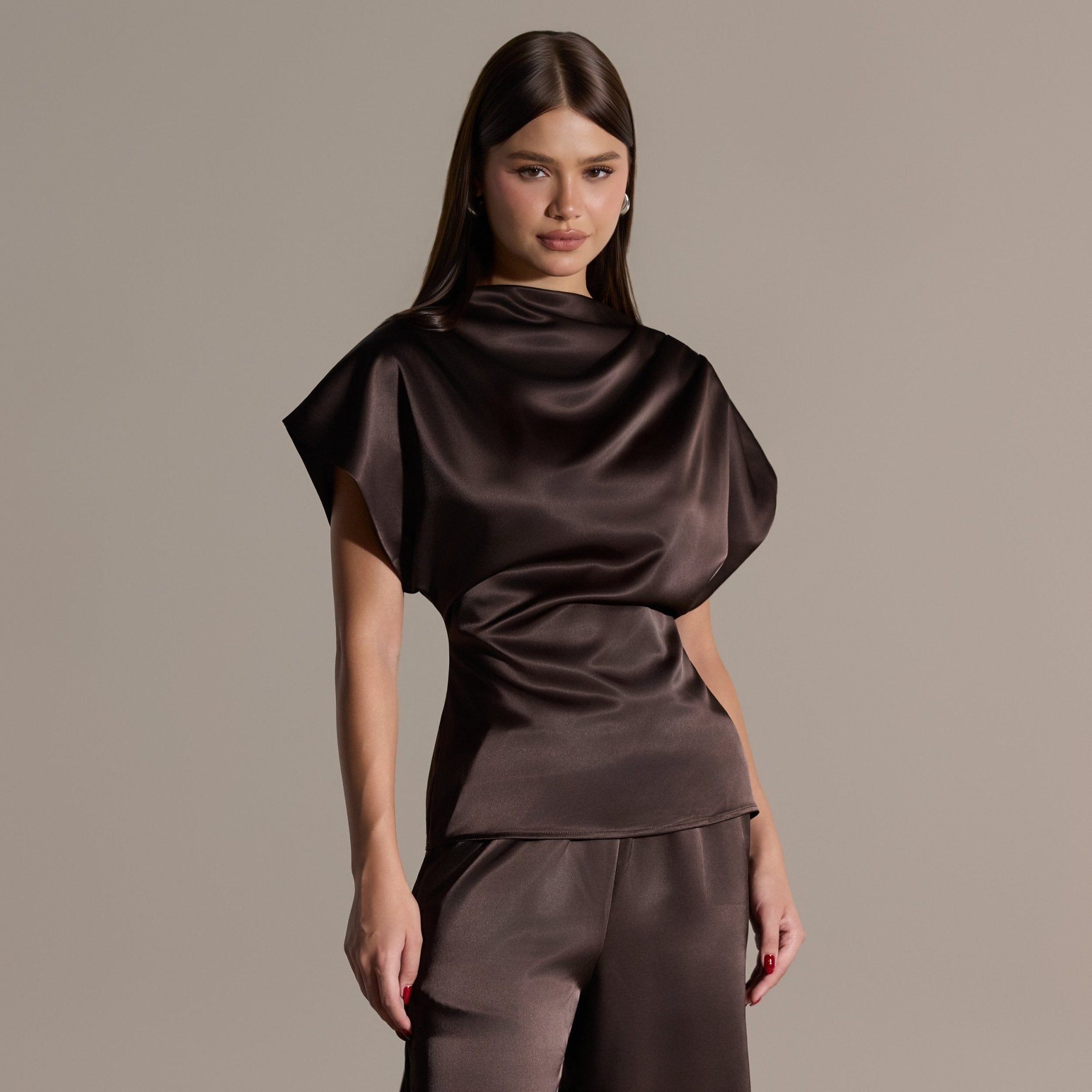 Brown Draped Satin Blouse & Wide Leg Pants Set - shopaleena