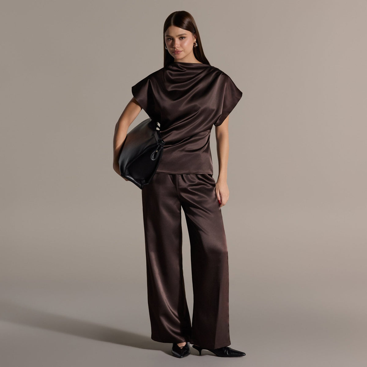 Brown Draped Satin Blouse & Wide Leg Pants Set - shopaleena