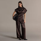 Brown Draped Satin Blouse & Wide Leg Pants Set - shopaleena