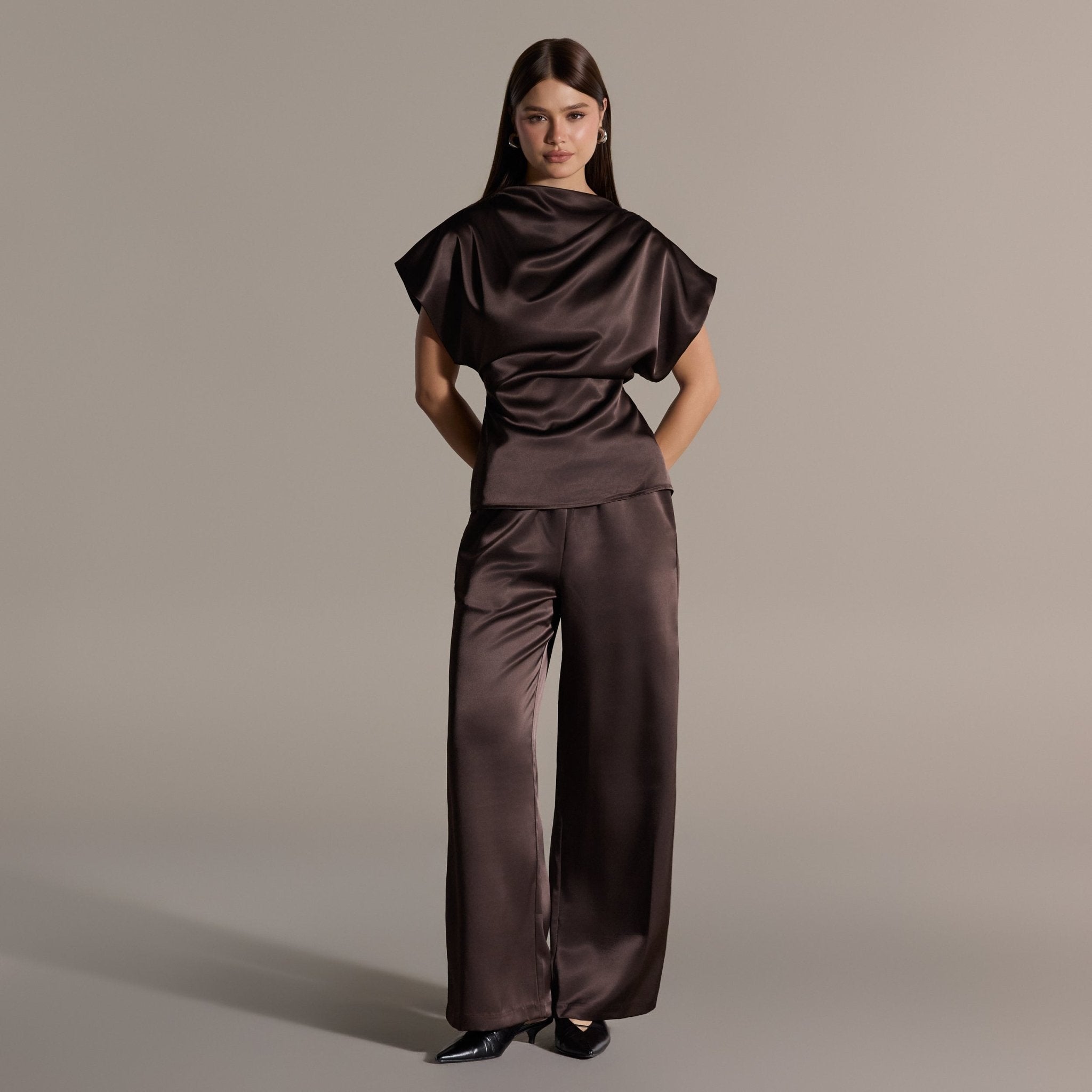 Brown Draped Satin Blouse & Wide Leg Pants Set - shopaleena