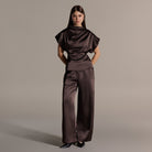 Brown Draped Satin Blouse & Wide Leg Pants Set - shopaleena