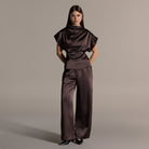 Brown Draped Satin Blouse & Wide Leg Pants Set - shopaleena