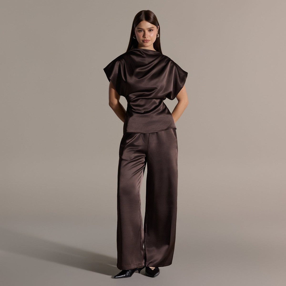Brown Draped Satin Blouse & Wide Leg Pants Set - shopaleena