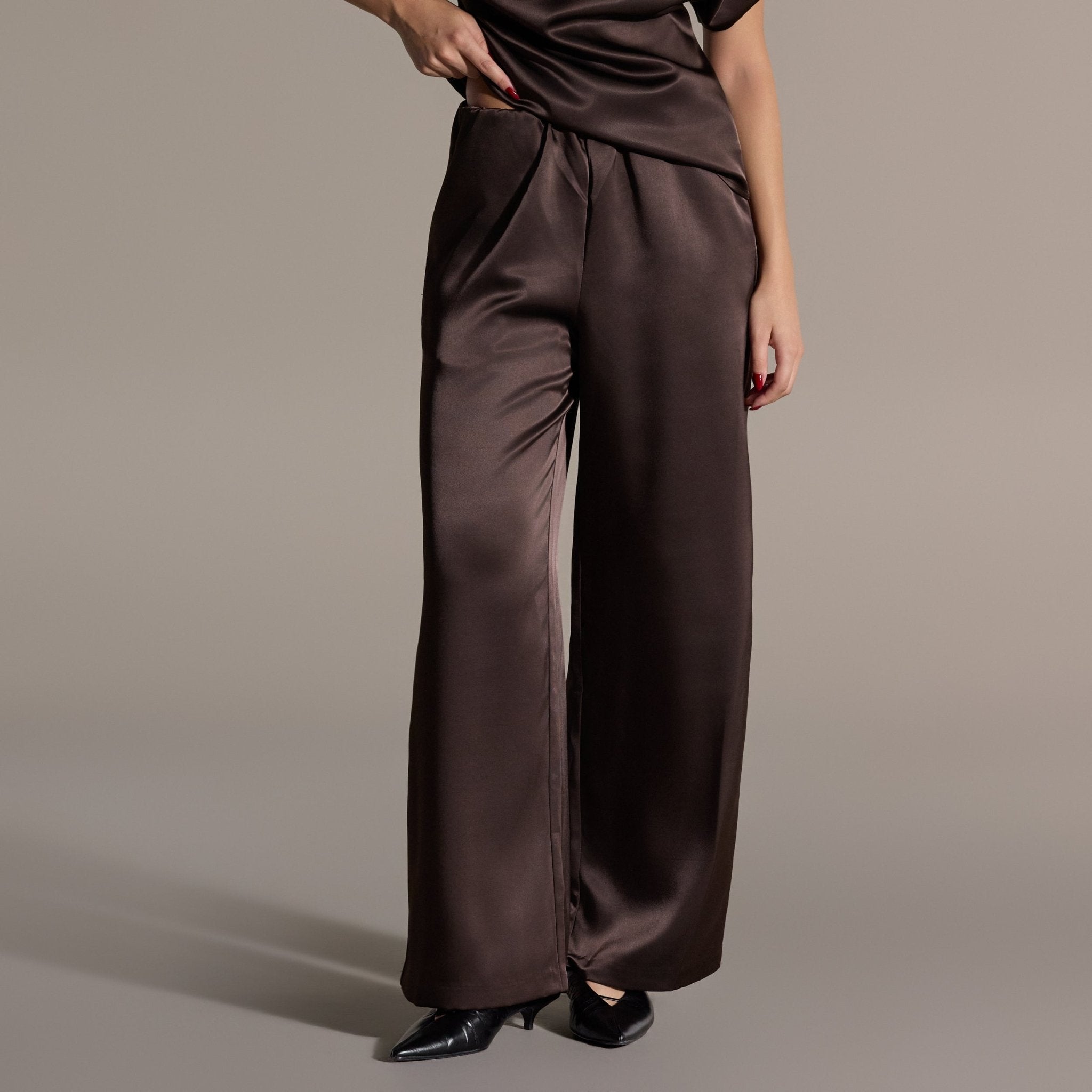 Brown Draped Satin Blouse & Wide Leg Pants Set - shopaleena