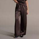 Brown Draped Satin Blouse & Wide Leg Pants Set - shopaleena