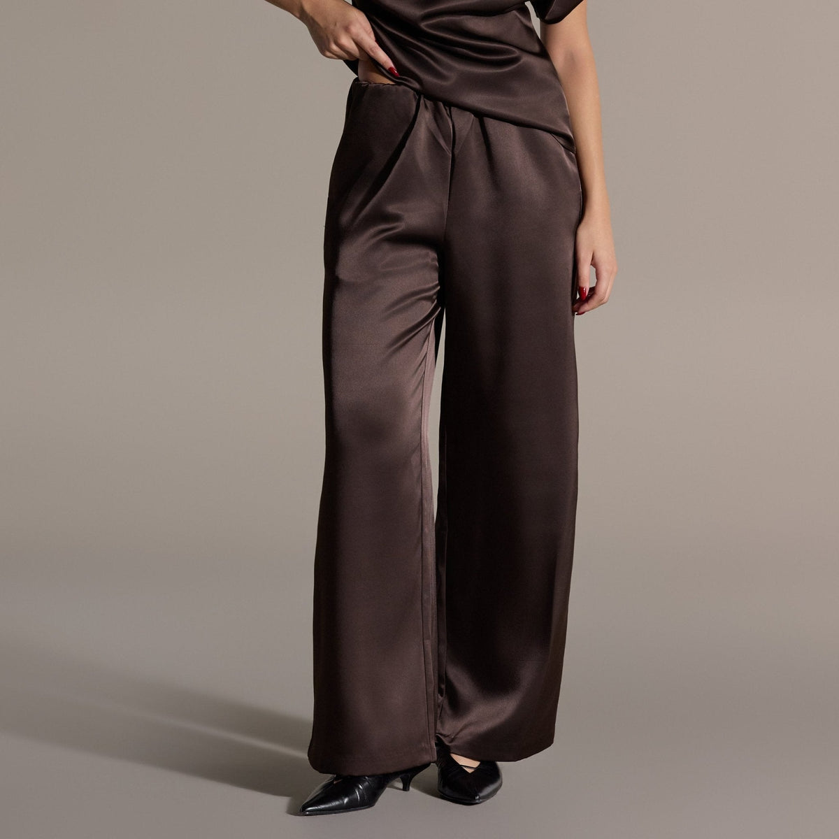 Brown Draped Satin Blouse & Wide Leg Pants Set - shopaleena