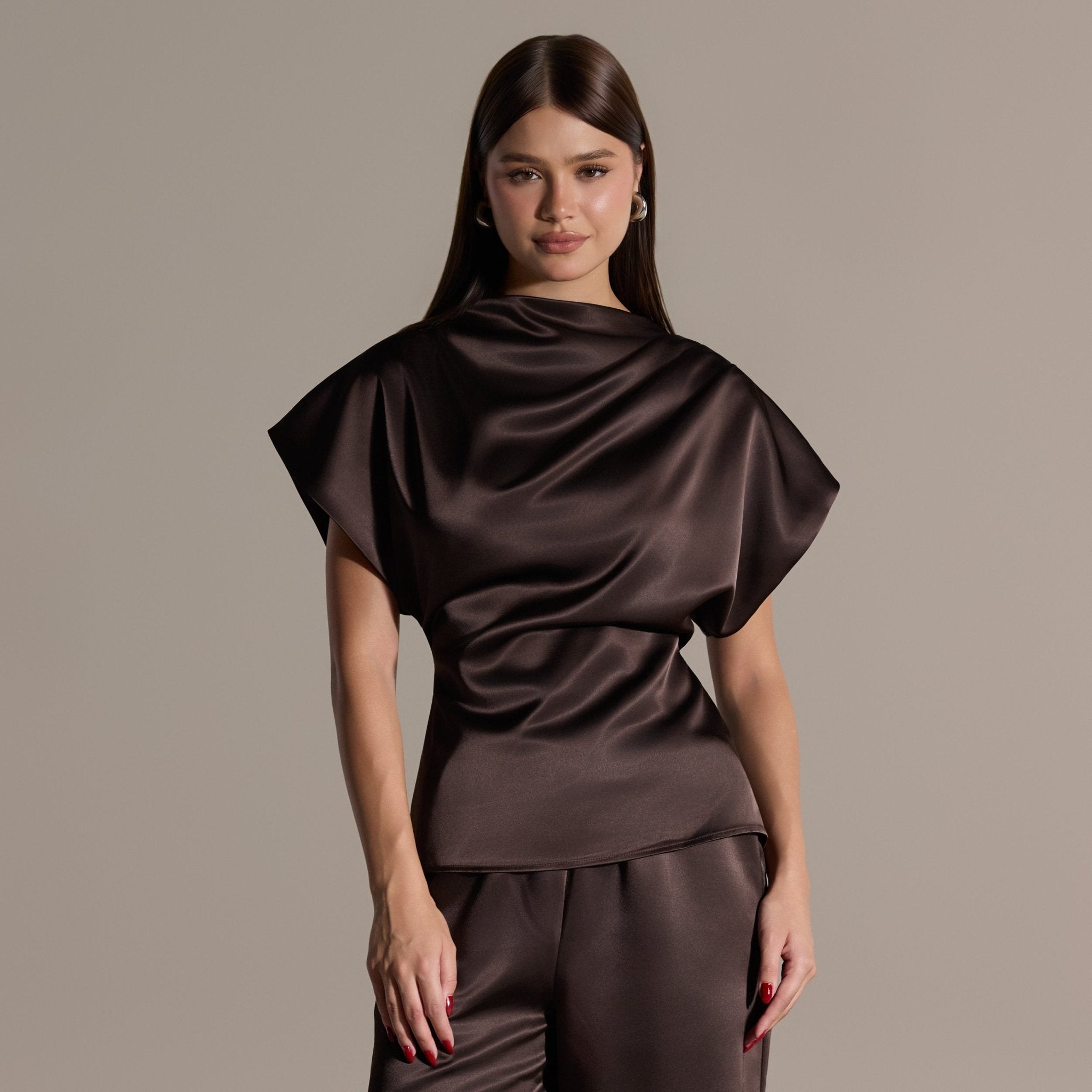 Brown Draped Satin Blouse & Wide Leg Pants Set - shopaleena