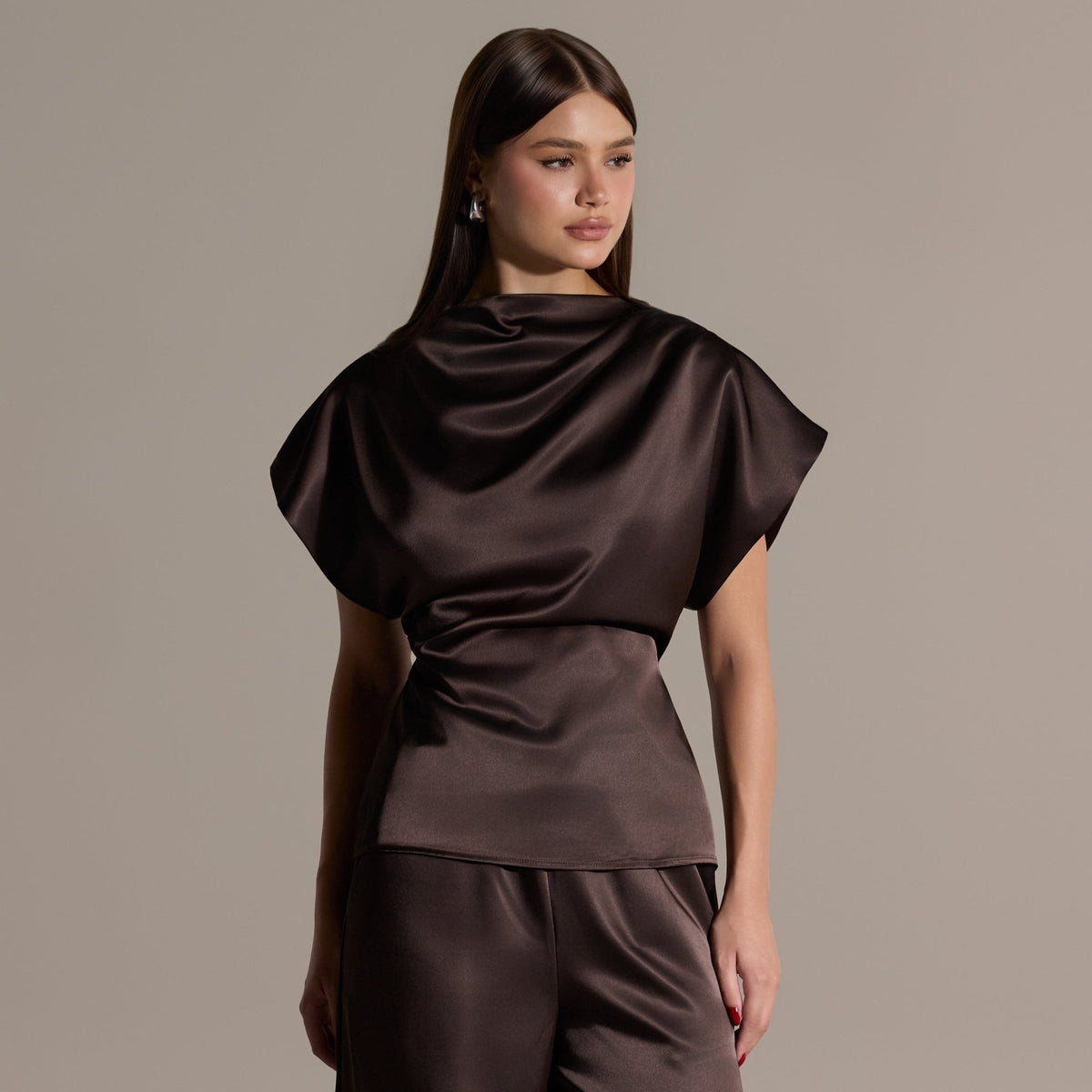 Brown Draped Satin Blouse & Wide Leg Pants Set - shopaleena