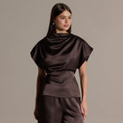 Brown Draped Satin Blouse & Wide Leg Pants Set - shopaleena