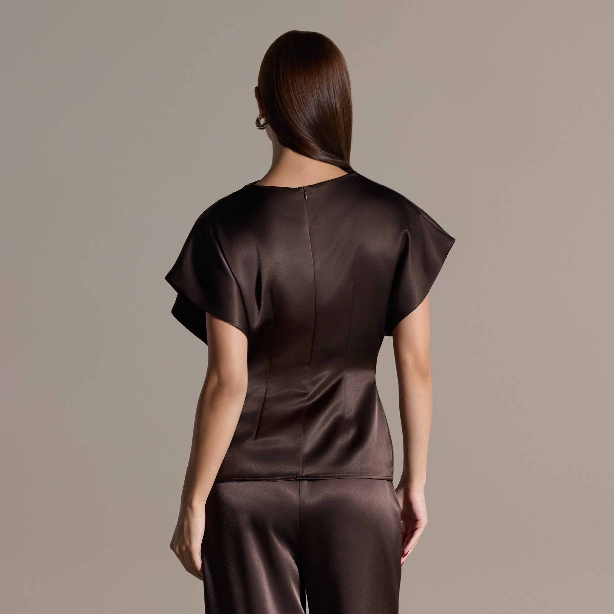 Brown Draped Satin Blouse & Wide Leg Pants Set - shopaleena