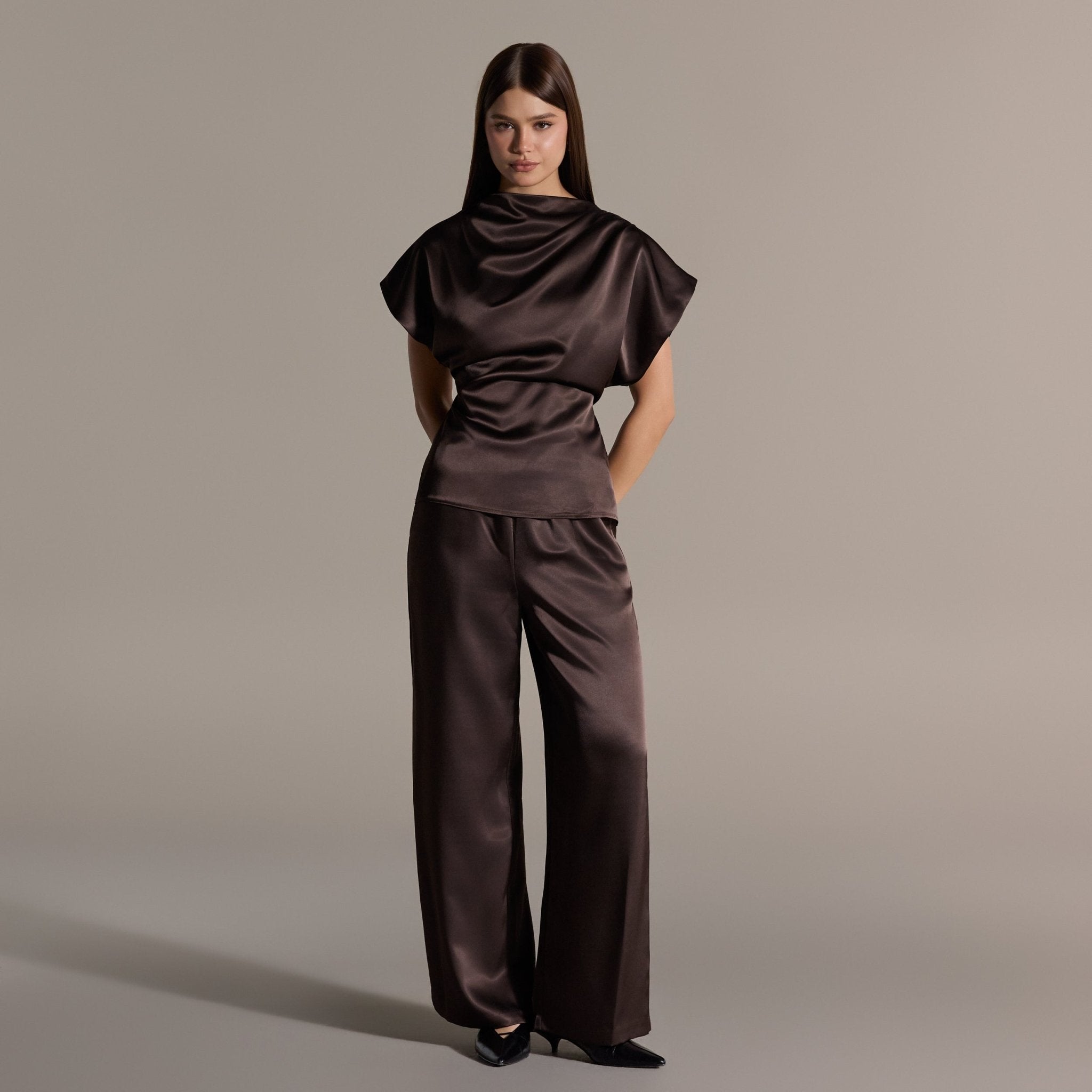 Brown Draped Satin Blouse & Wide Leg Pants Set - shopaleena