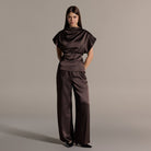 Brown Draped Satin Blouse & Wide Leg Pants Set - shopaleena