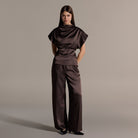 Brown Draped Satin Blouse & Wide Leg Pants Set - shopaleena