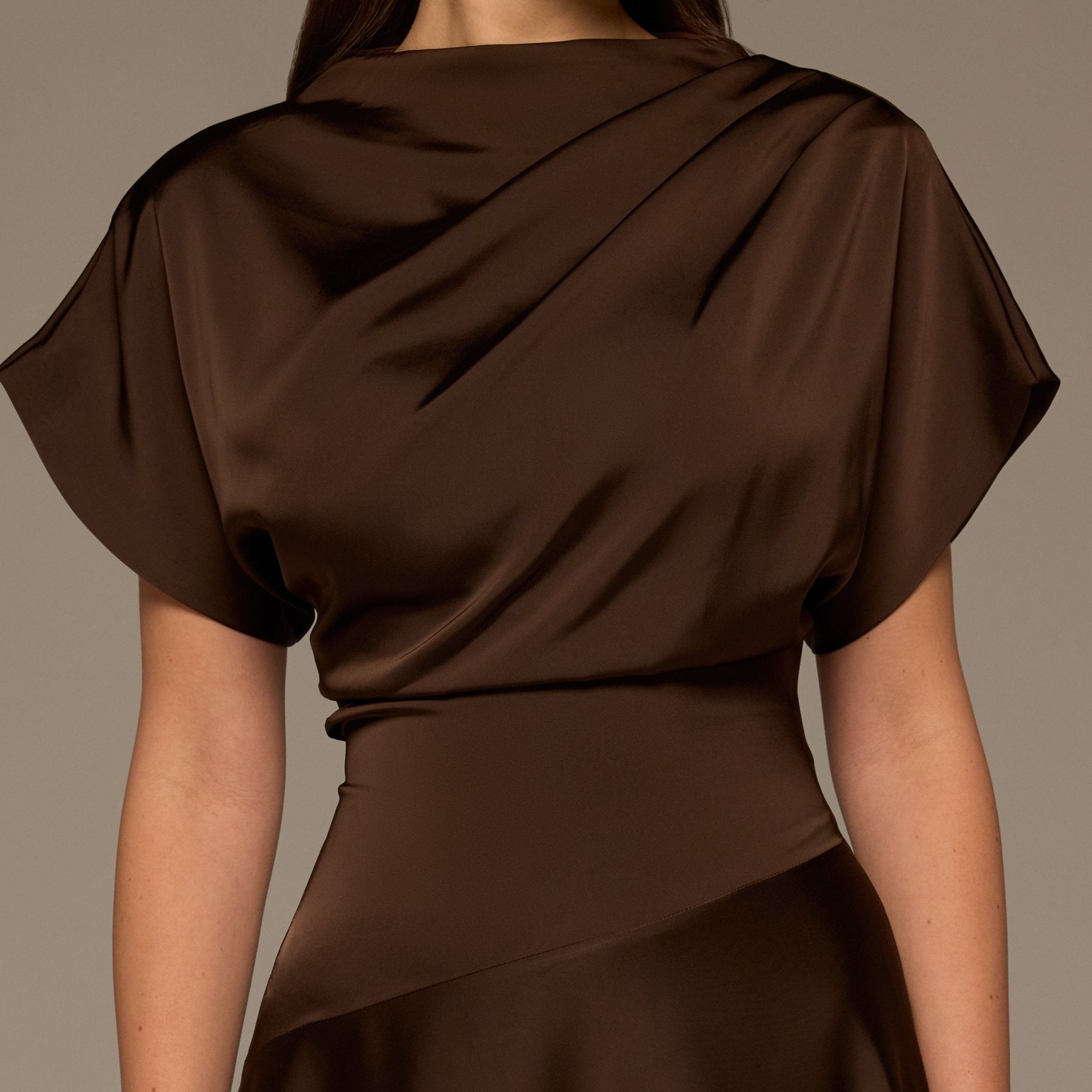 Brown Draped Satin Midi Dress - shopaleena