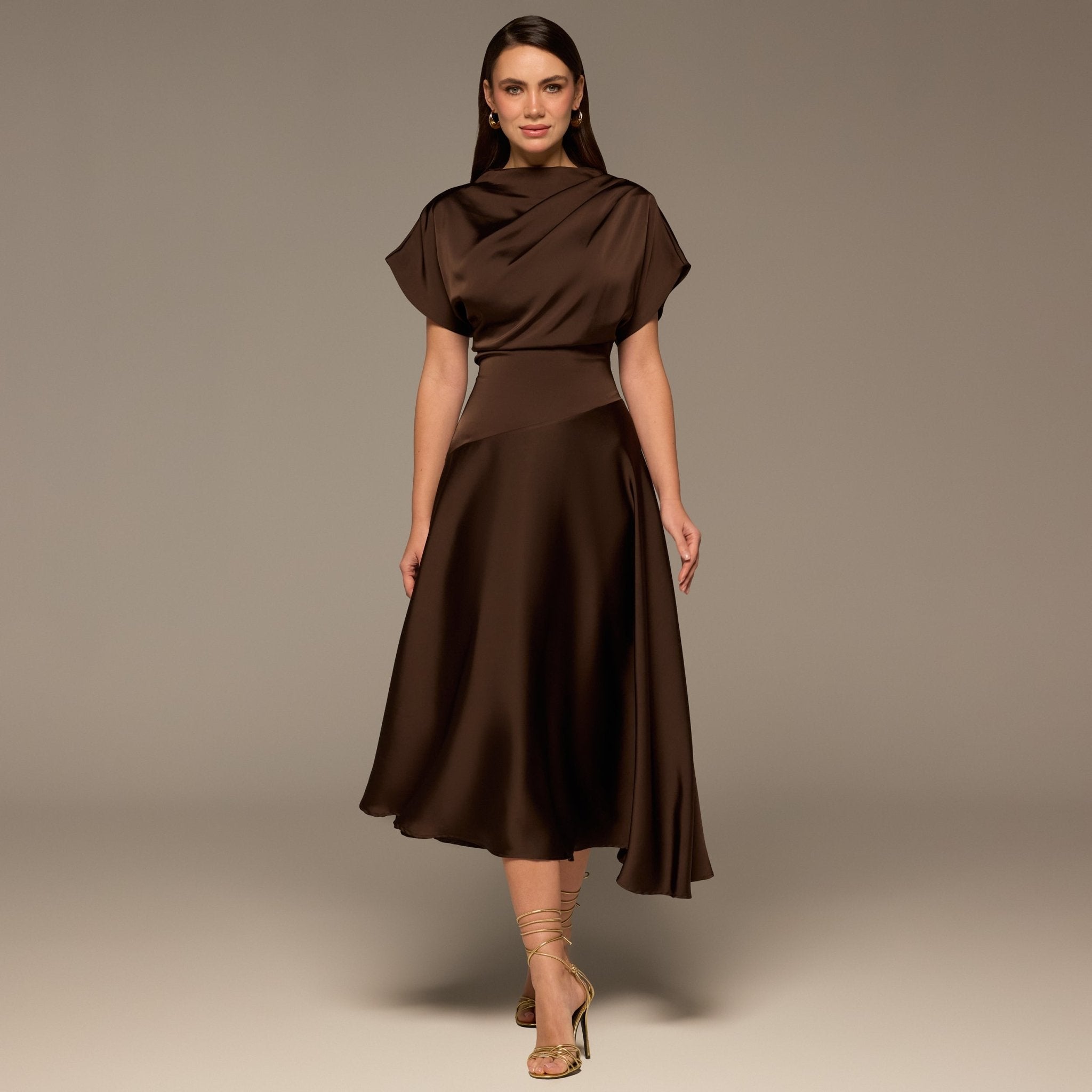 Brown Draped Satin Midi Dress - shopaleena