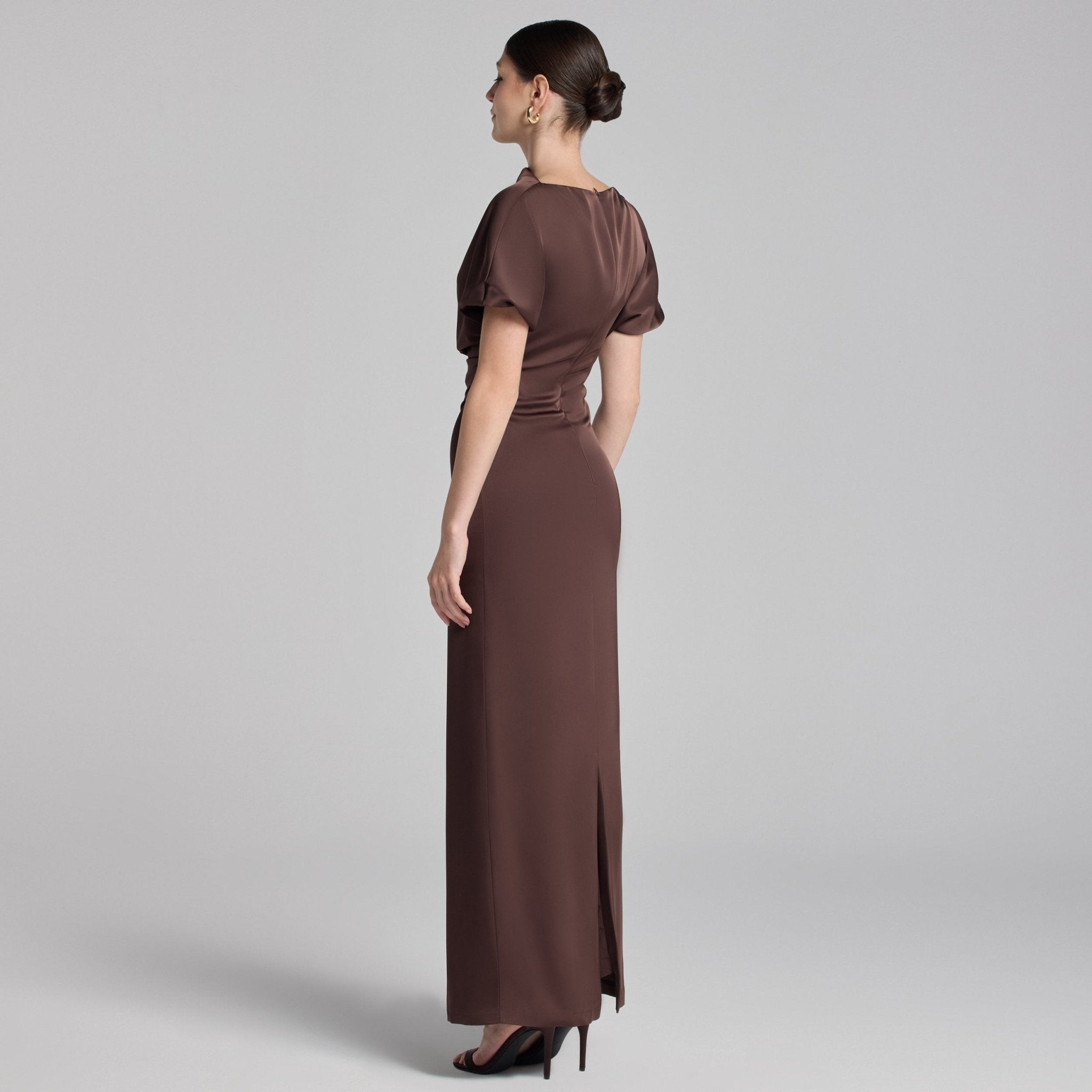 Brown Draped Satin Midi Dress - shopaleena