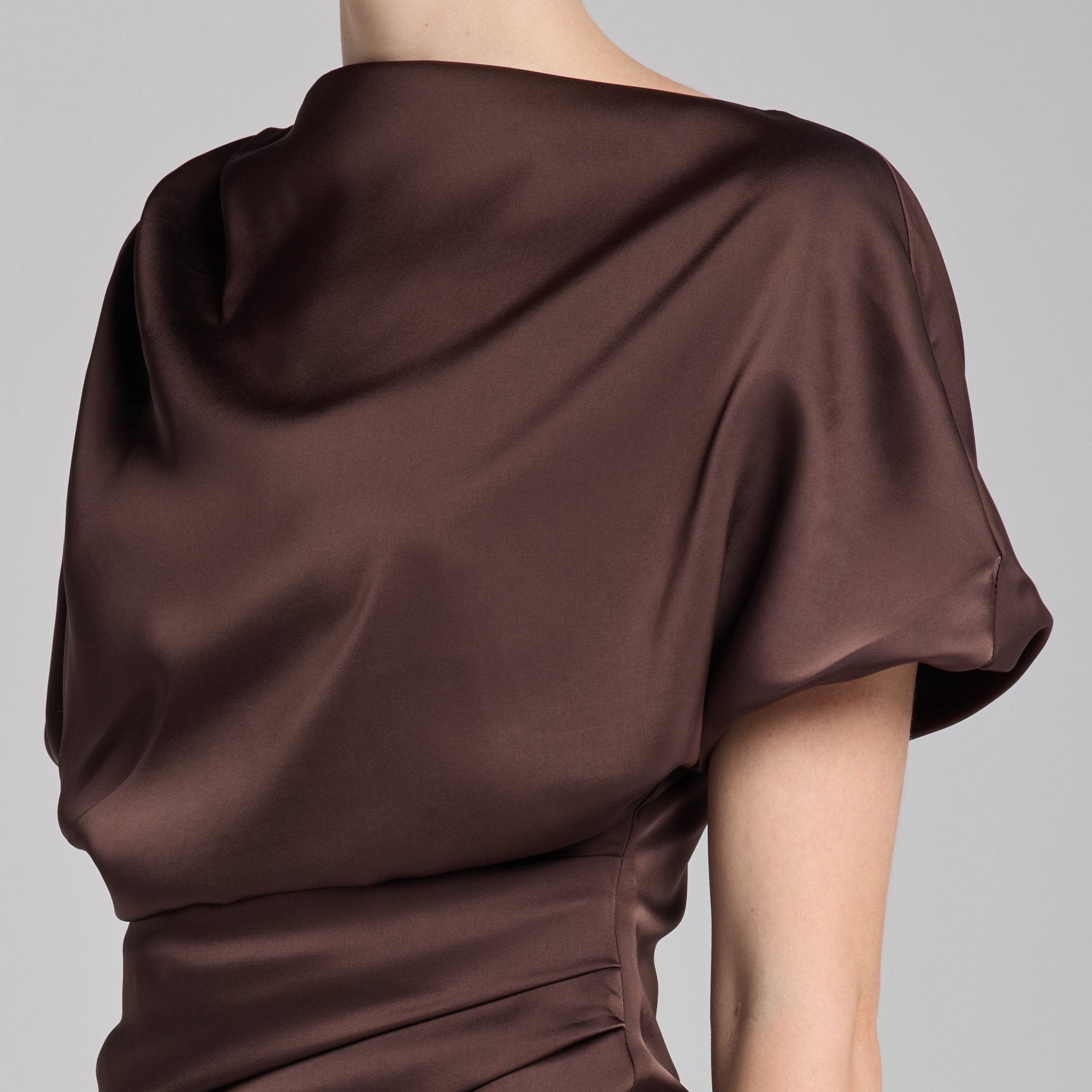 Brown Draped Satin Midi Dress - shopaleena