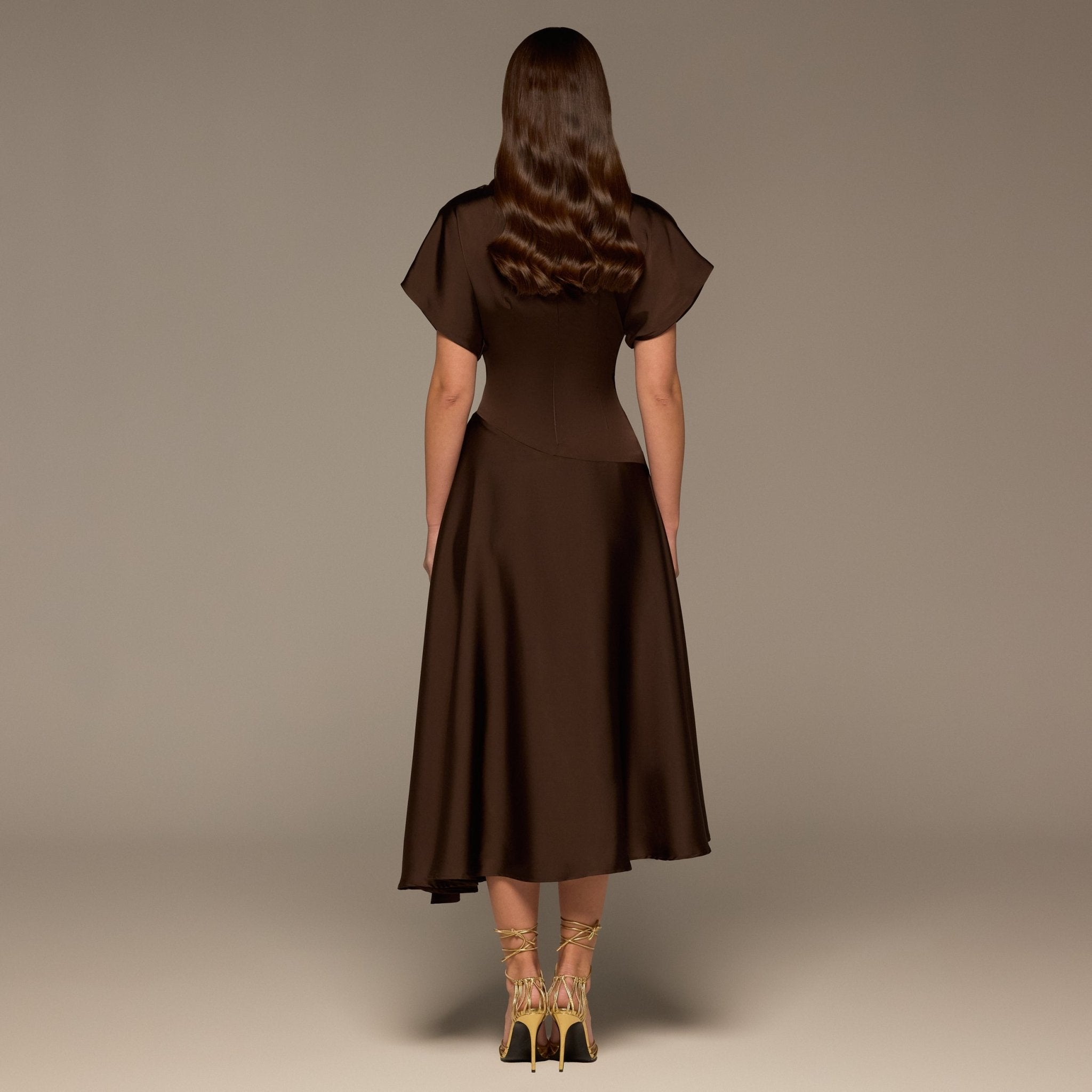 Brown Draped Satin Midi Dress - shopaleena