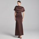 Brown Draped Satin Midi Dress - shopaleena