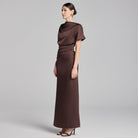 Brown Draped Satin Midi Dress - shopaleena