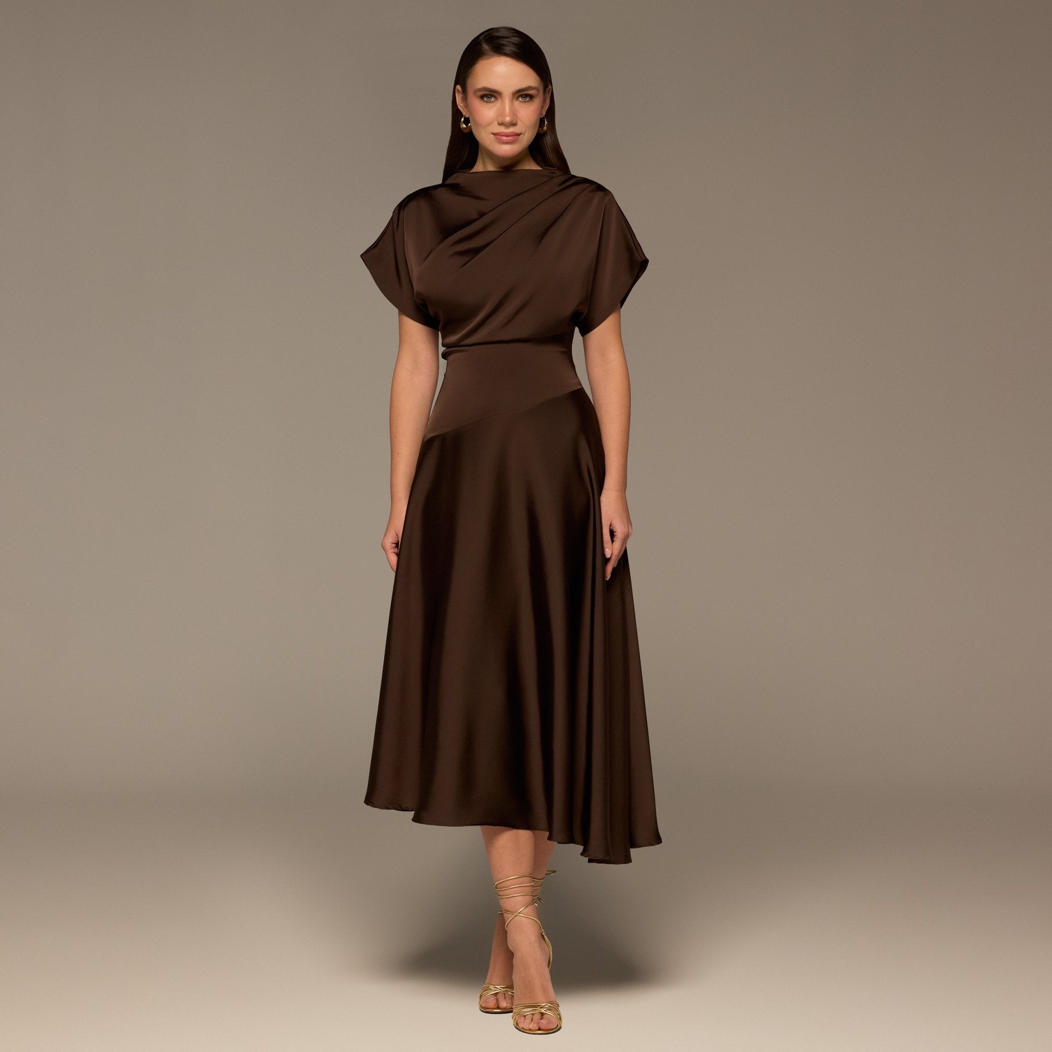 Brown Draped Satin Midi Dress - shopaleena