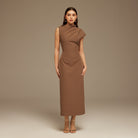 Brown Draped Shoulder Short Sleeve Midi Dress - shopaleena