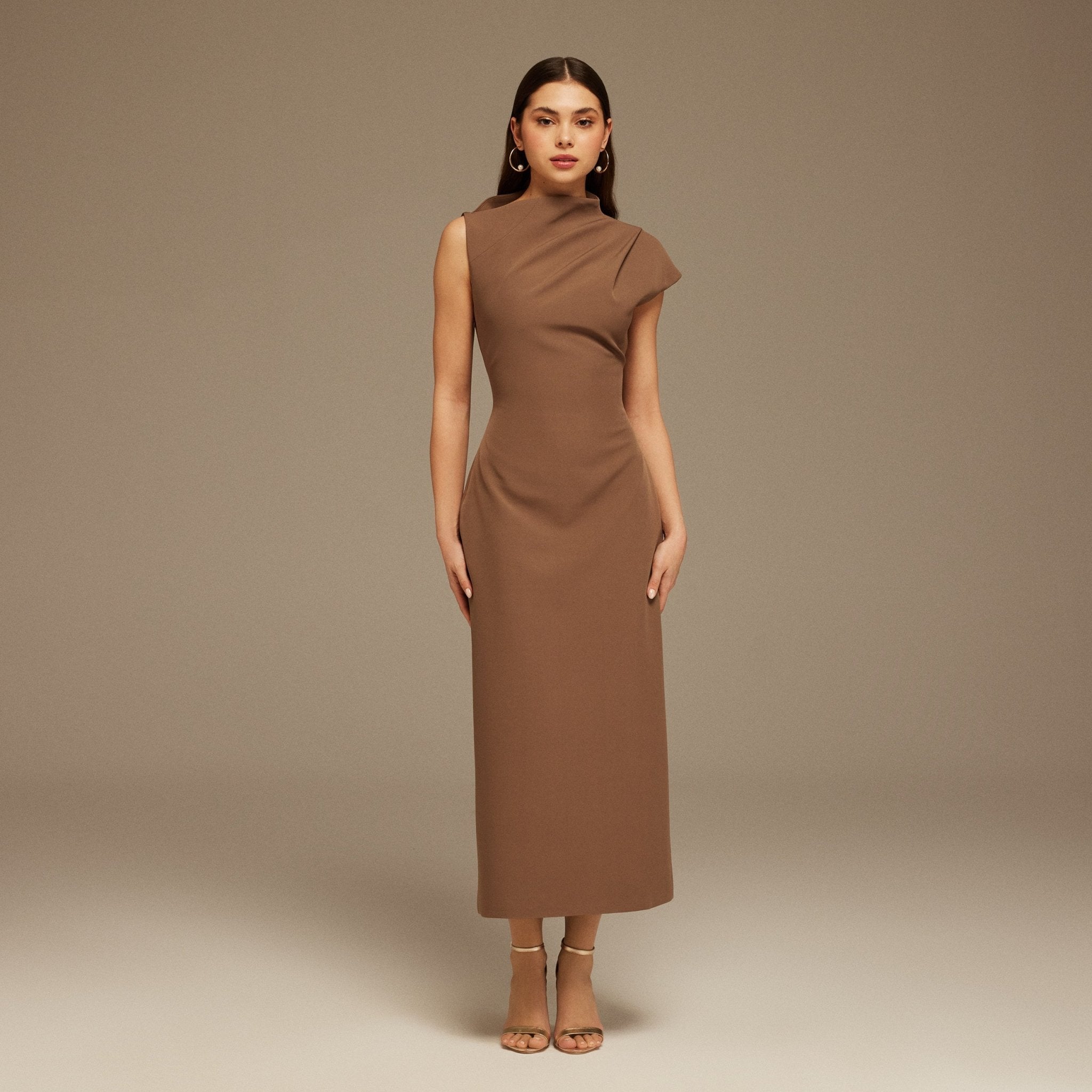 Brown Draped Shoulder Short Sleeve Midi Dress - shopaleena