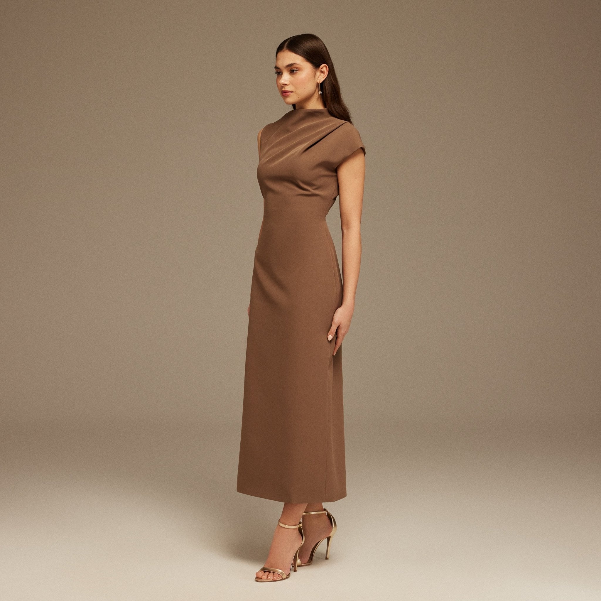 Brown Draped Shoulder Short Sleeve Midi Dress - shopaleena